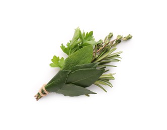 Photo of Bundle of aromatic bay leaves and different herbs isolated on white, top view