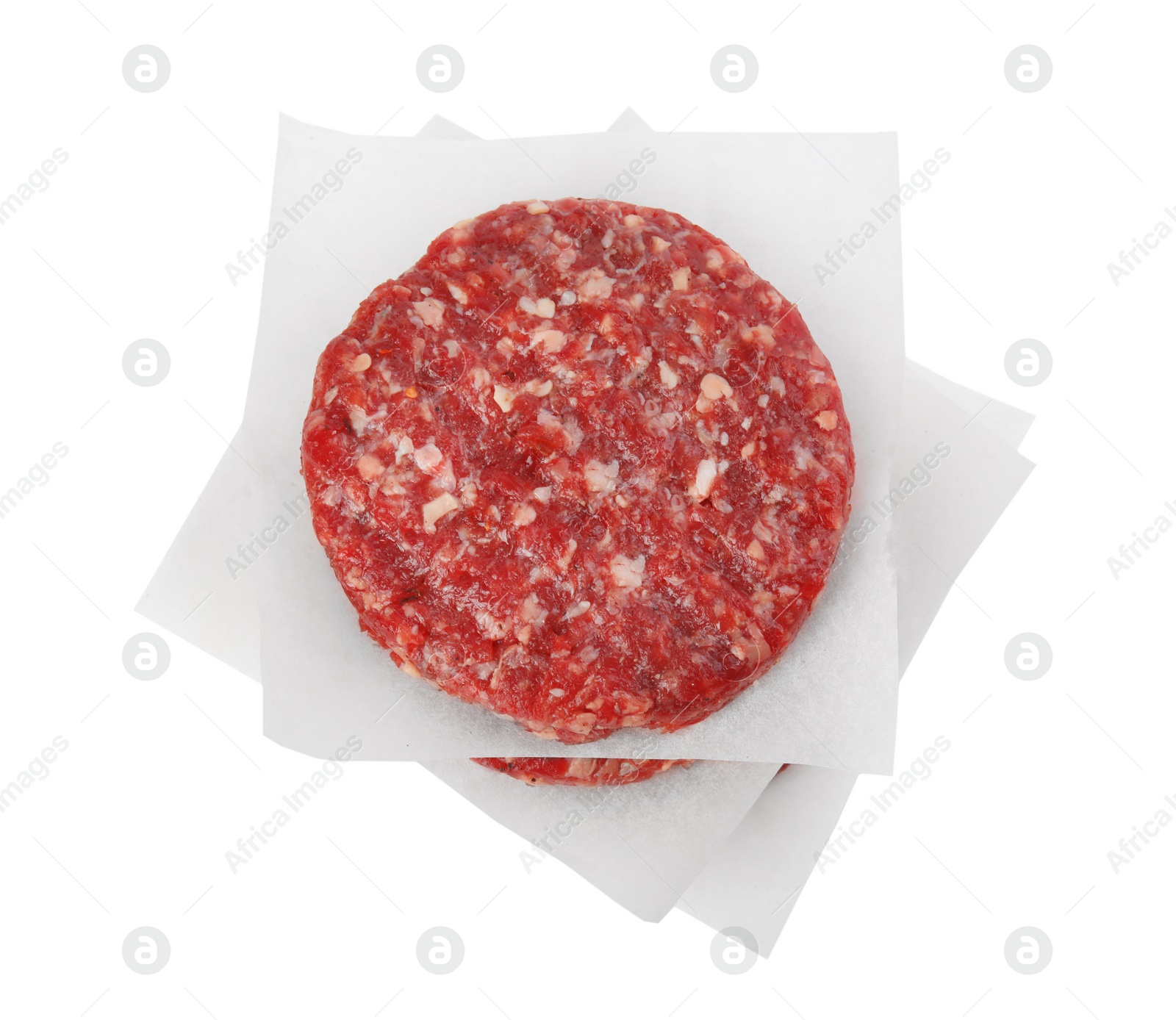 Photo of Raw meat cutlets for burger isolated on white, top view