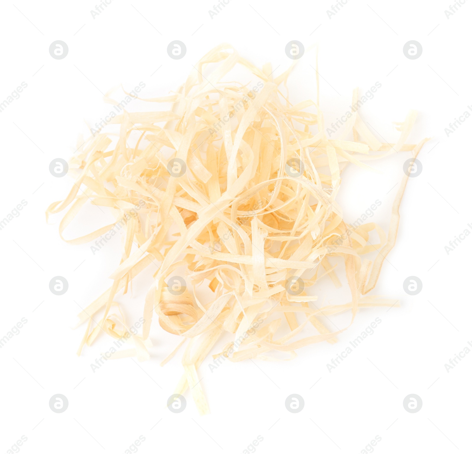 Photo of Pile of wood shavings isolated on white, top view