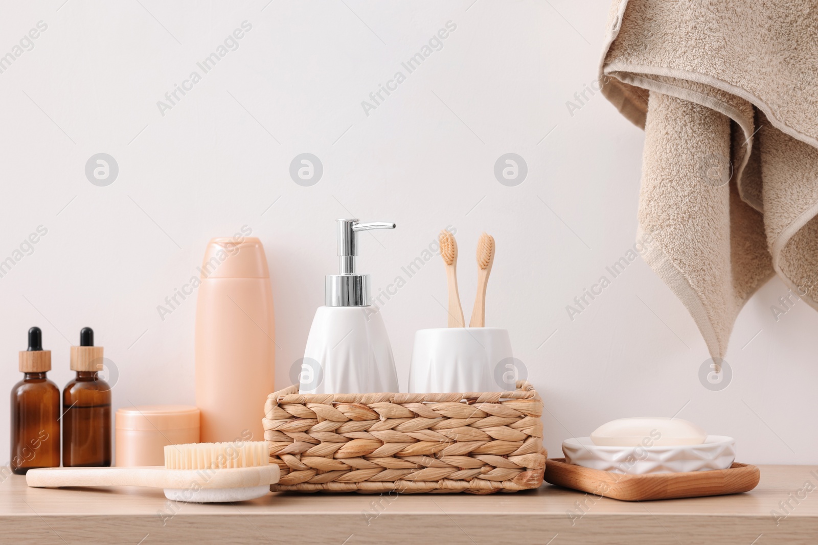 Photo of Different bath accessories and personal care products indoors