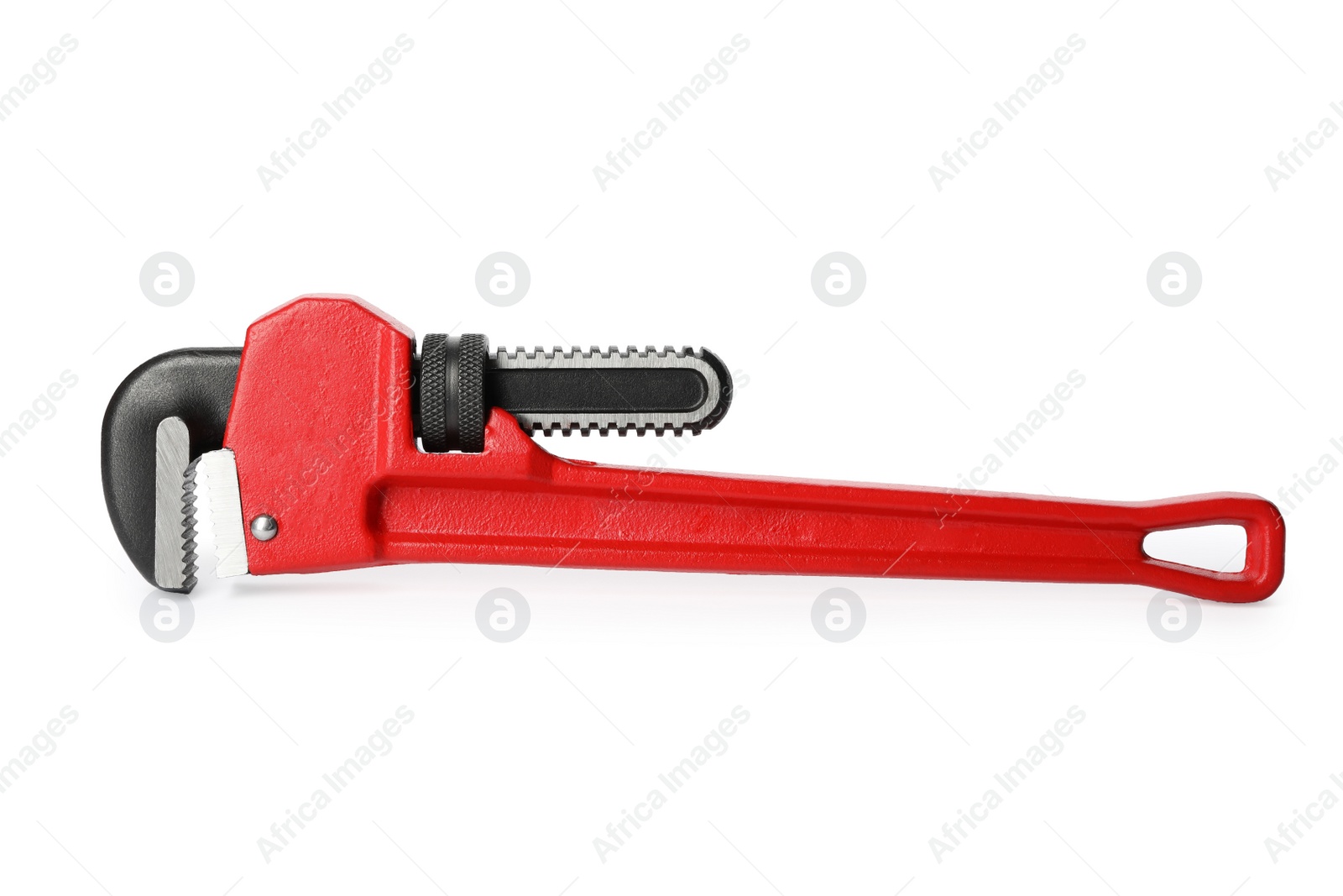 Photo of New pipe wrench on white background. Construction tool