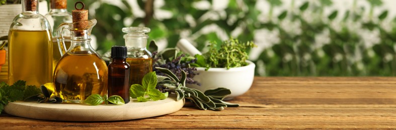 Image of Different fresh herbs with oils on wooden table, space for text. Banner design