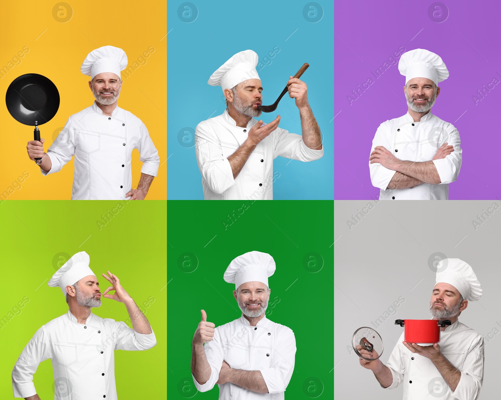 Image of Collage with photos of professional chef on different color backgrounds