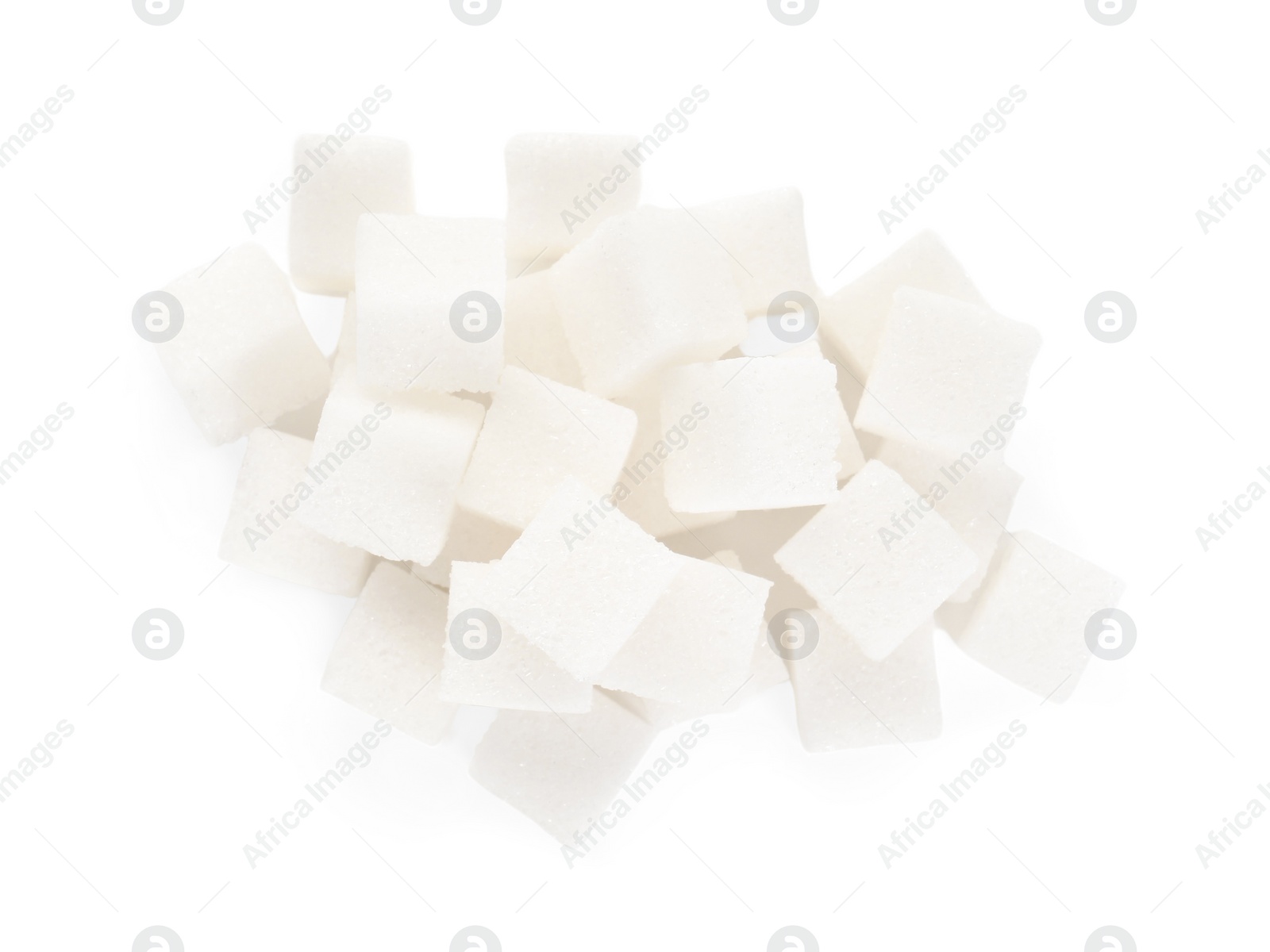 Photo of Pile of sugar cubes isolated on white, top view