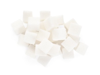 Pile of sugar cubes isolated on white, top view