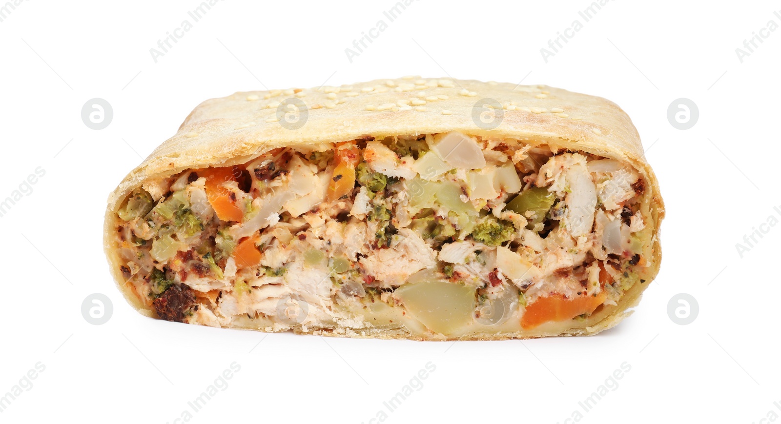 Photo of Tasty strudel with chicken and vegetables isolated on white