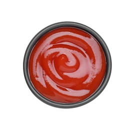 Photo of Bowl of tasty ketchup isolated on white, top view. Tomato sauce
