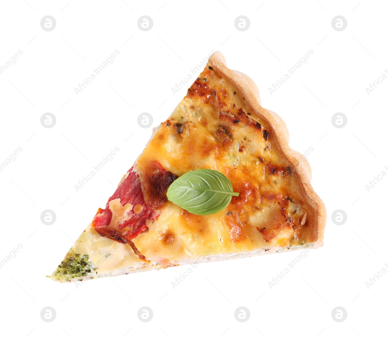 Photo of Piece of tasty quiche isolated on white, top view