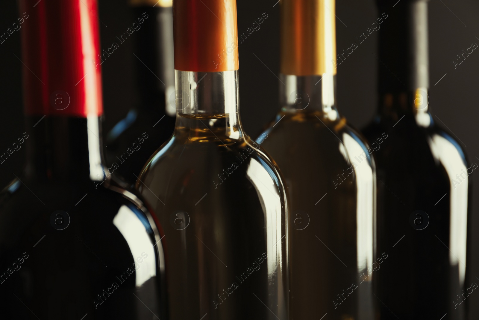 Photo of Bottles with delicious wine, closeup. Professional sommelier