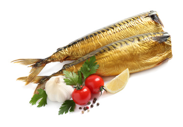 Tasty smoked fish with vegetables and lemon on white background