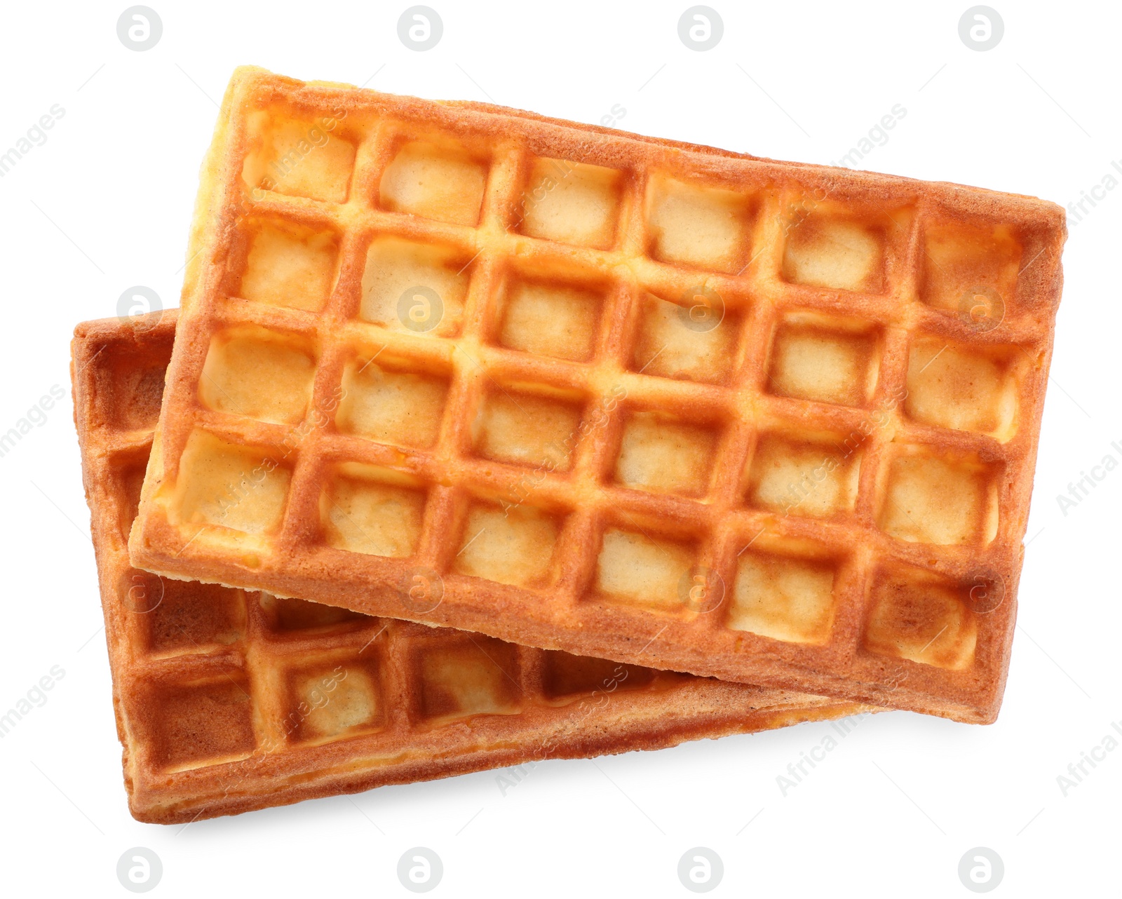 Photo of Delicious Belgian waffles on white background, top view