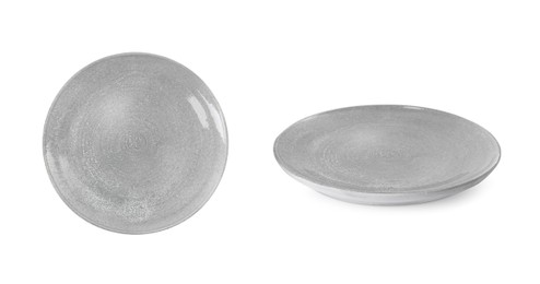 Image of Empty ceramic plate isolated on white, top and side views