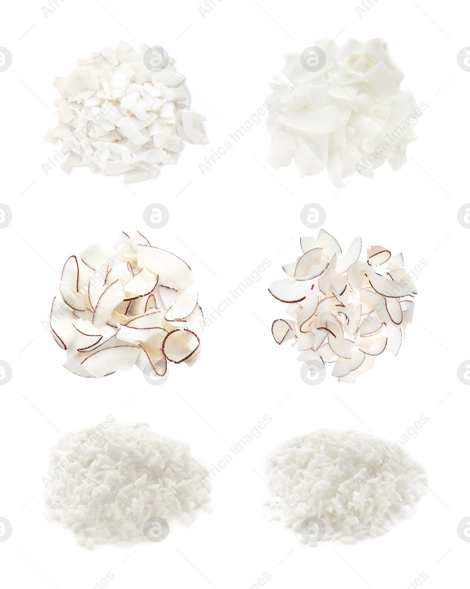 Image of Set with fresh coconut flakes isolated on white