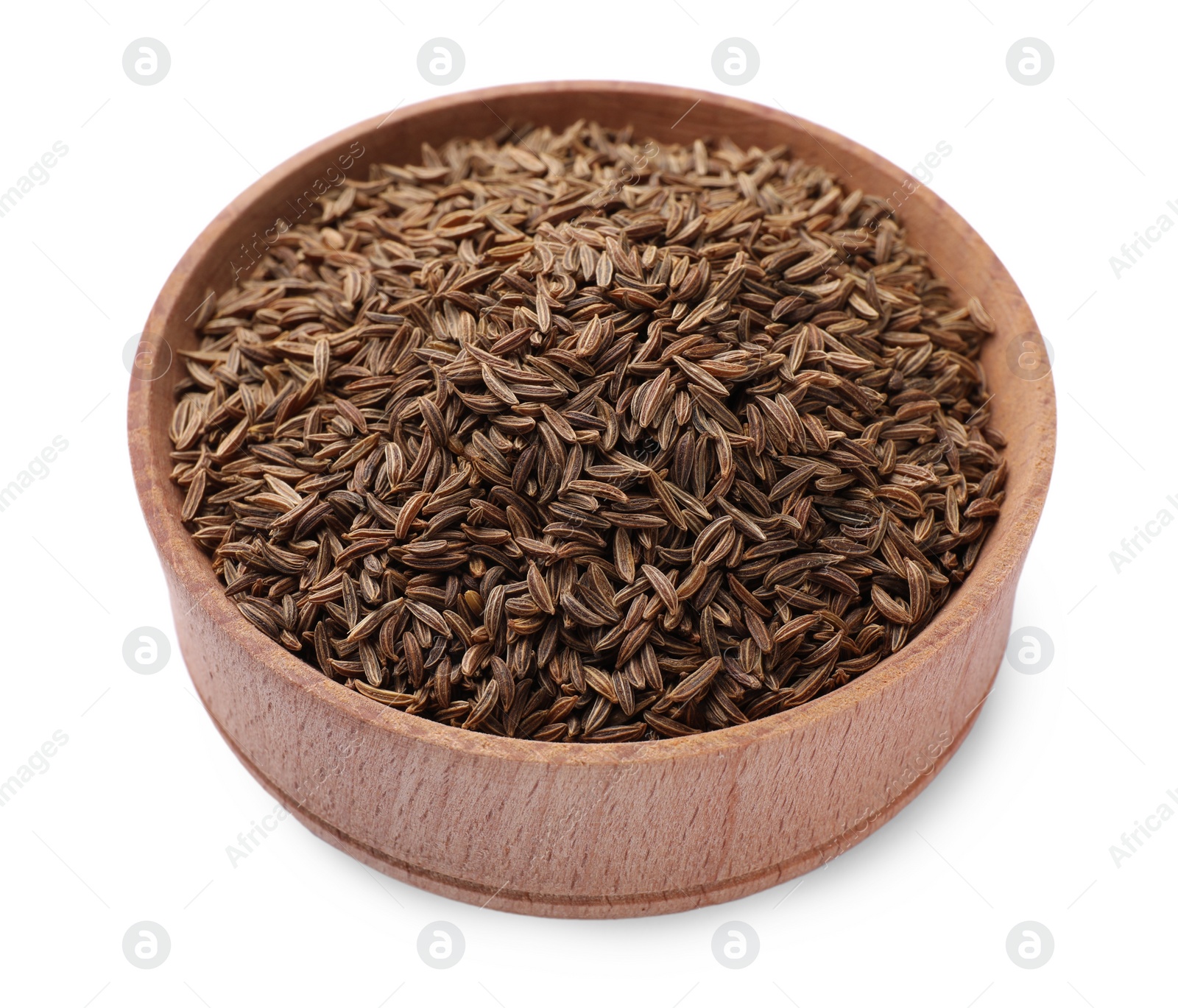 Photo of Wooden bowl with cumin seeds isolated on white