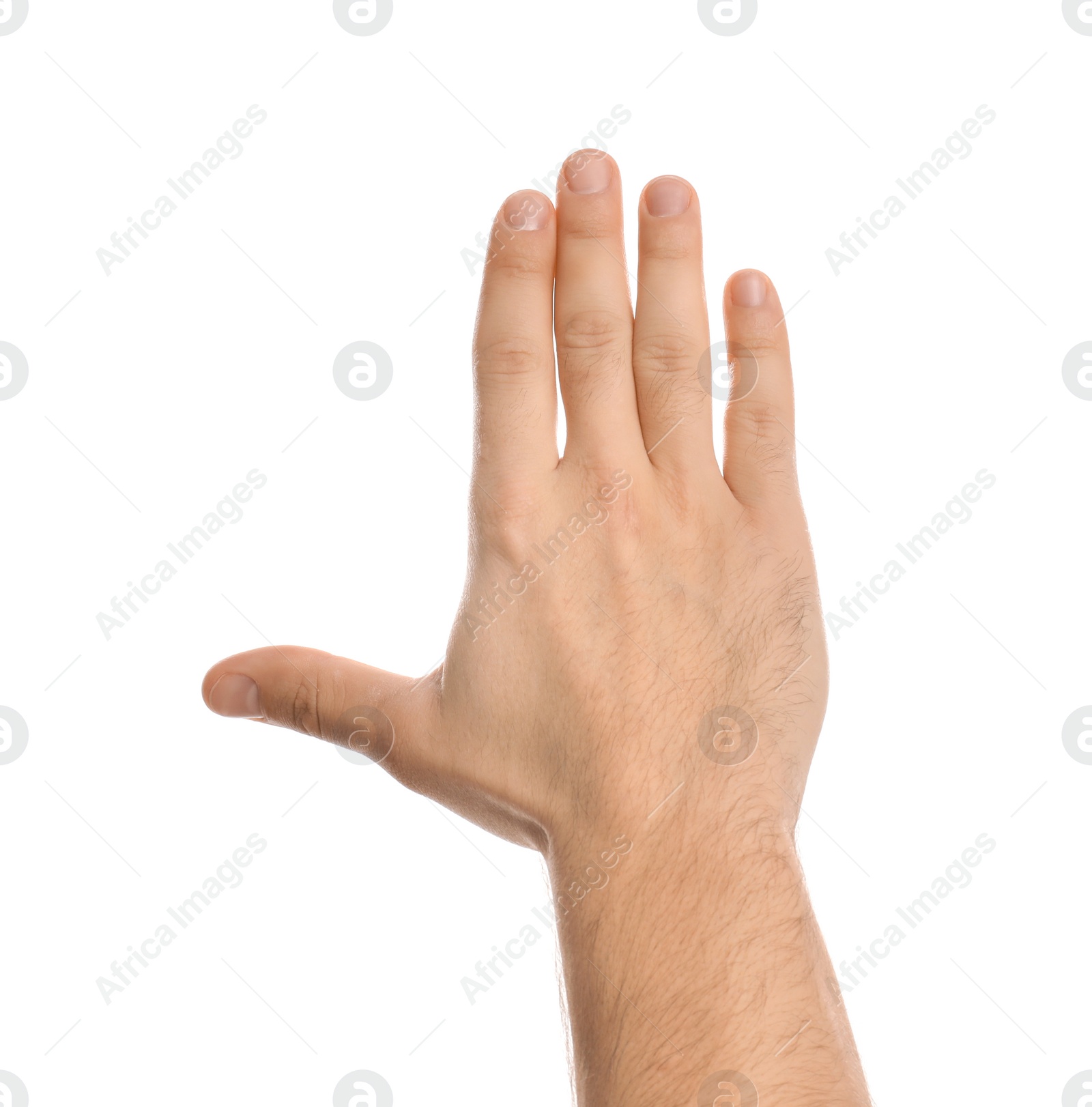 Photo of Man making frame with his hand on white background, closeup