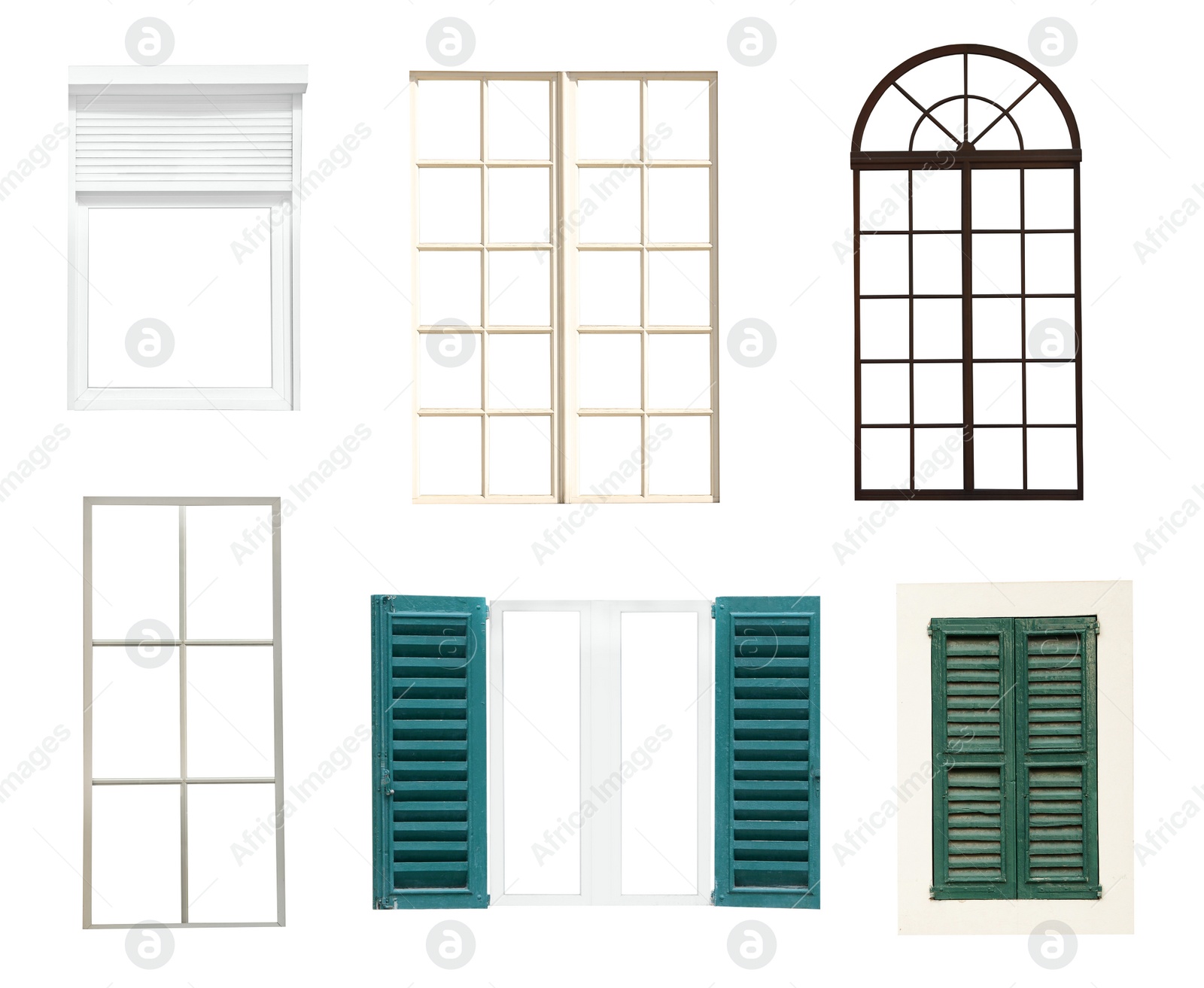 Image of Many different window frames on white background, collage