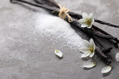 Photo of Vanilla pods, sugar, flowers and petals on gray textured table, closeup. Space for text