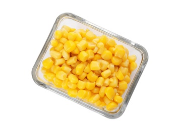 Photo of Bowl with corn kernels on white background, top view