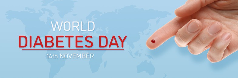 Image of World Diabetes Day, banner design. Woman with pricked finger and blood drop, top view. Illustration of world map on light blue background