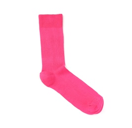 Photo of Pink sock on white background, top view