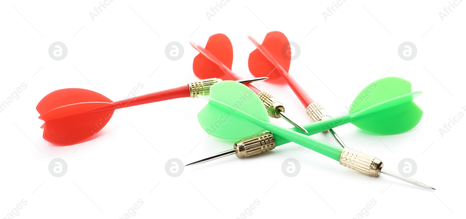 Photo of Sharp red and green darts isolated on white