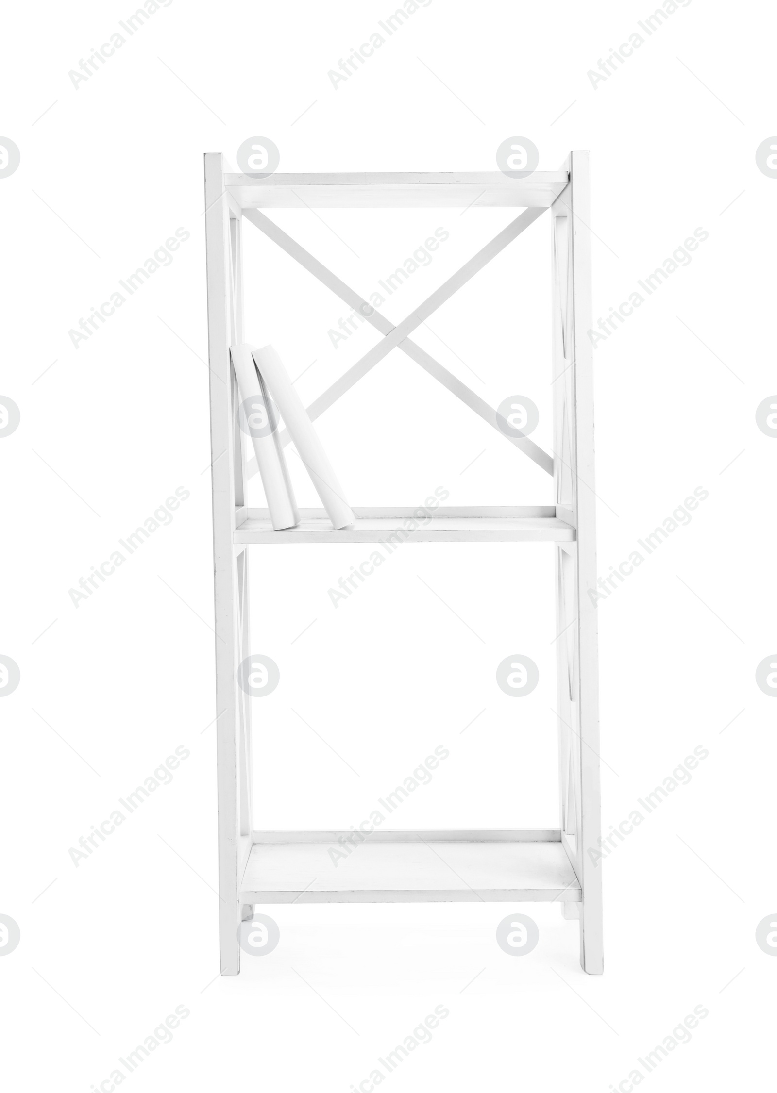 Photo of Wooden shelving unit with books isolated on white