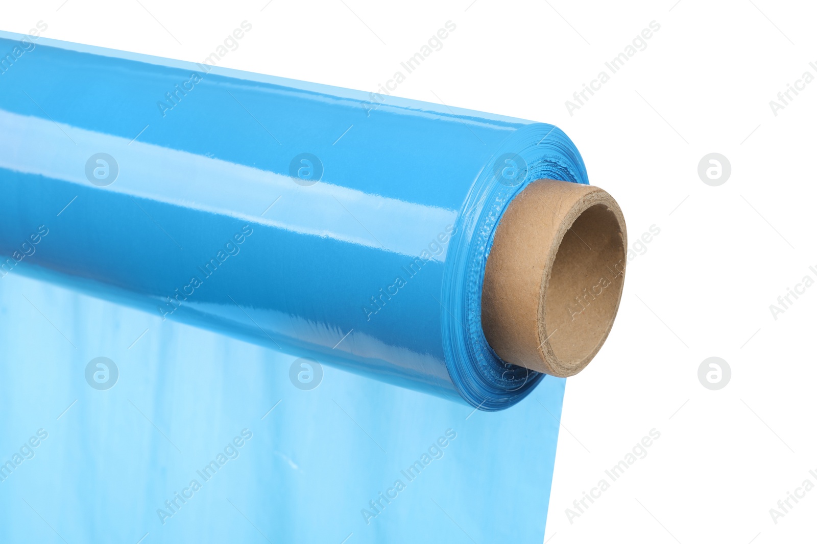 Photo of Roll of light blue stretch wrap isolated on white, closeup