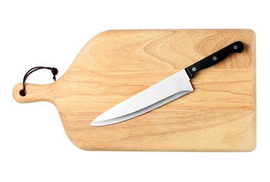 Photo of Sharp chef's knife with wooden board isolated on white, top view
