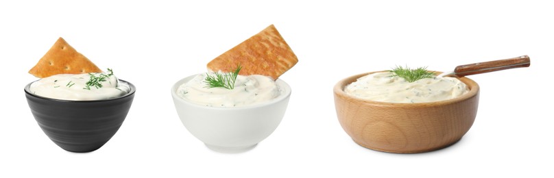 Image of Set with tasty creamy dill sauce on white background. Banner design