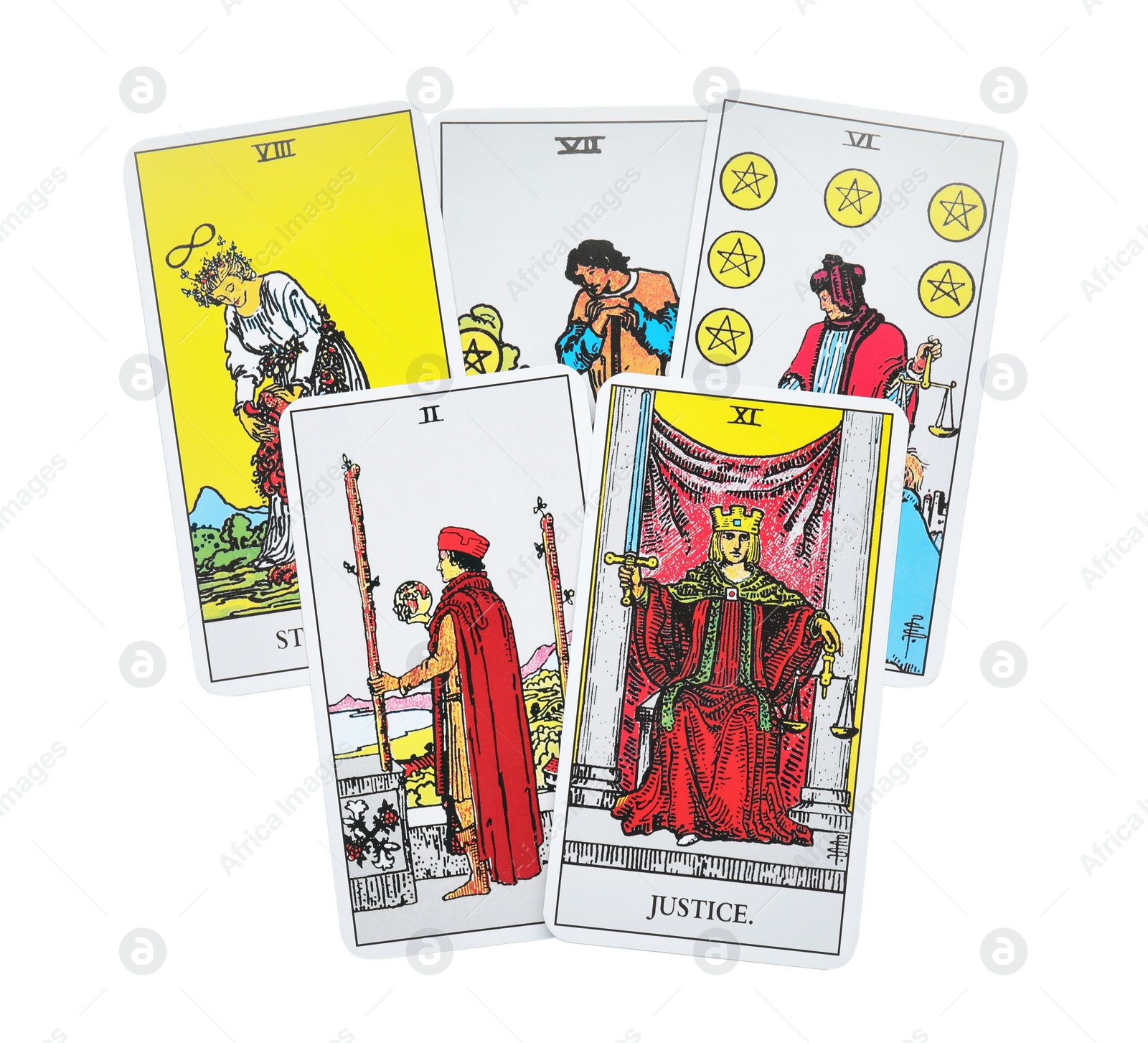 Photo of Tarot cards on white background, top view