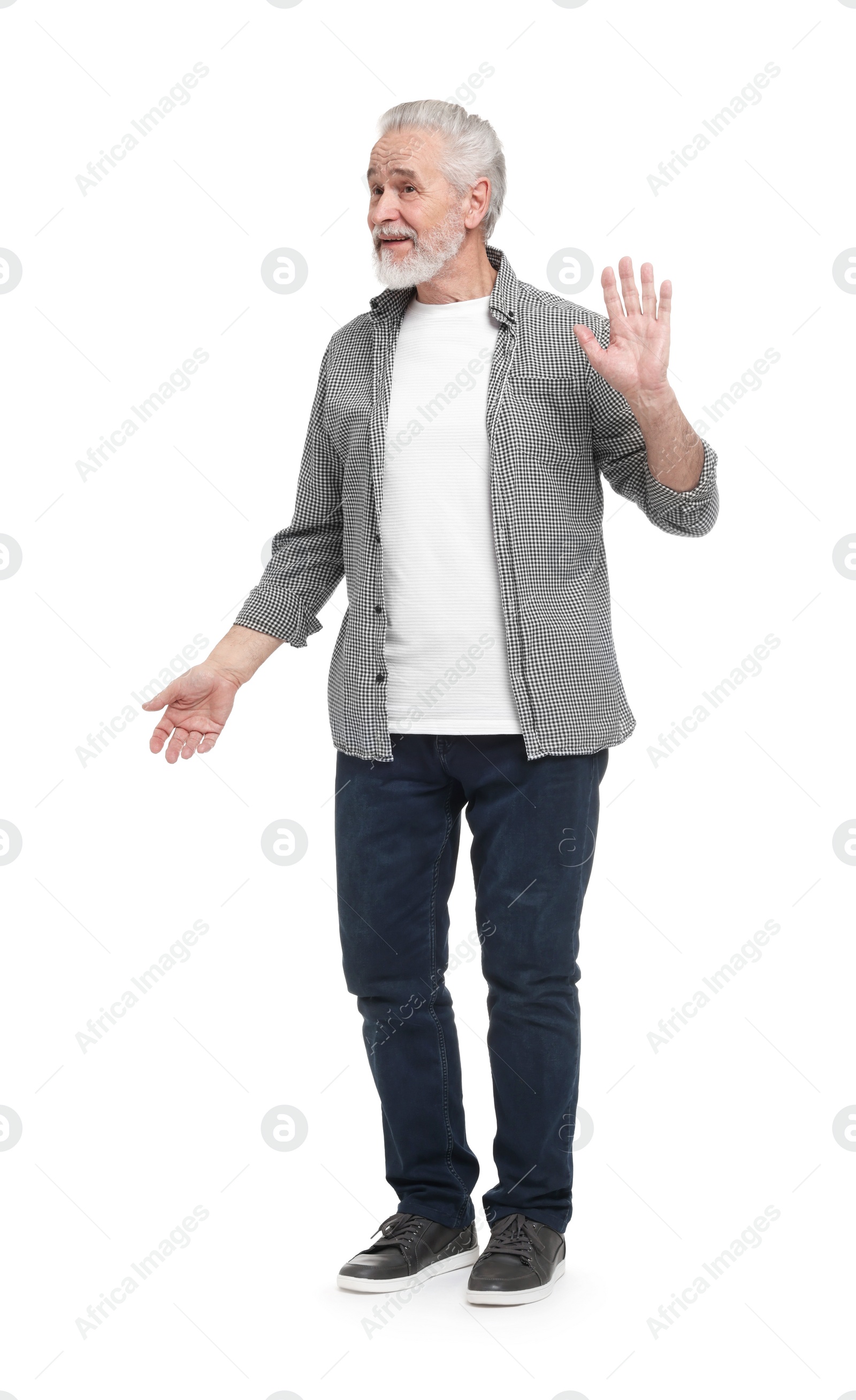 Photo of Senior man waving hand on white background