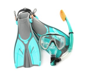 Pair of turquoise flippers and mask on white background, top view