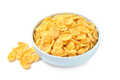 Bowl of tasty corn flakes on white background