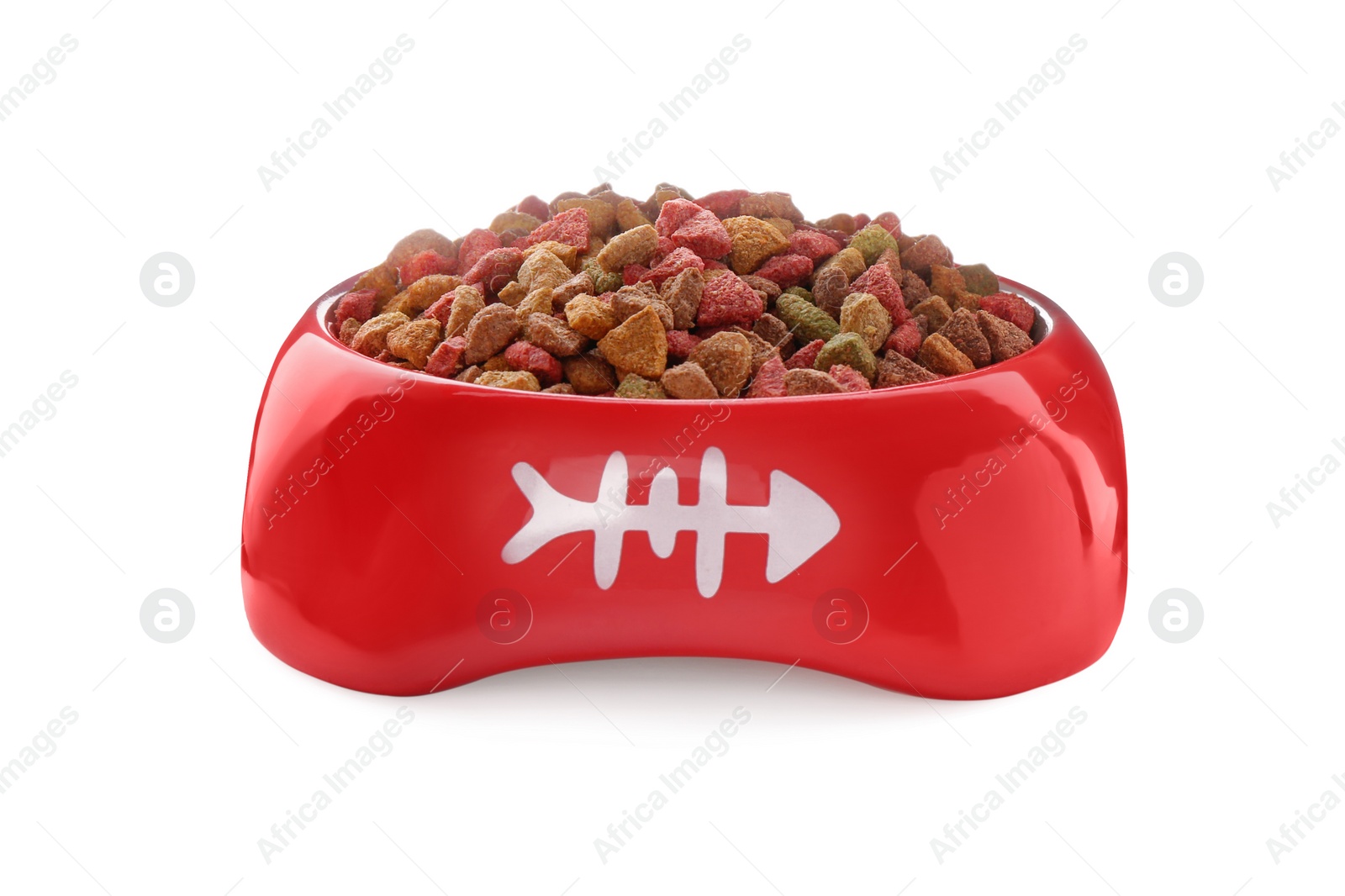 Photo of Dry cat food in red pet bowl isolated on white