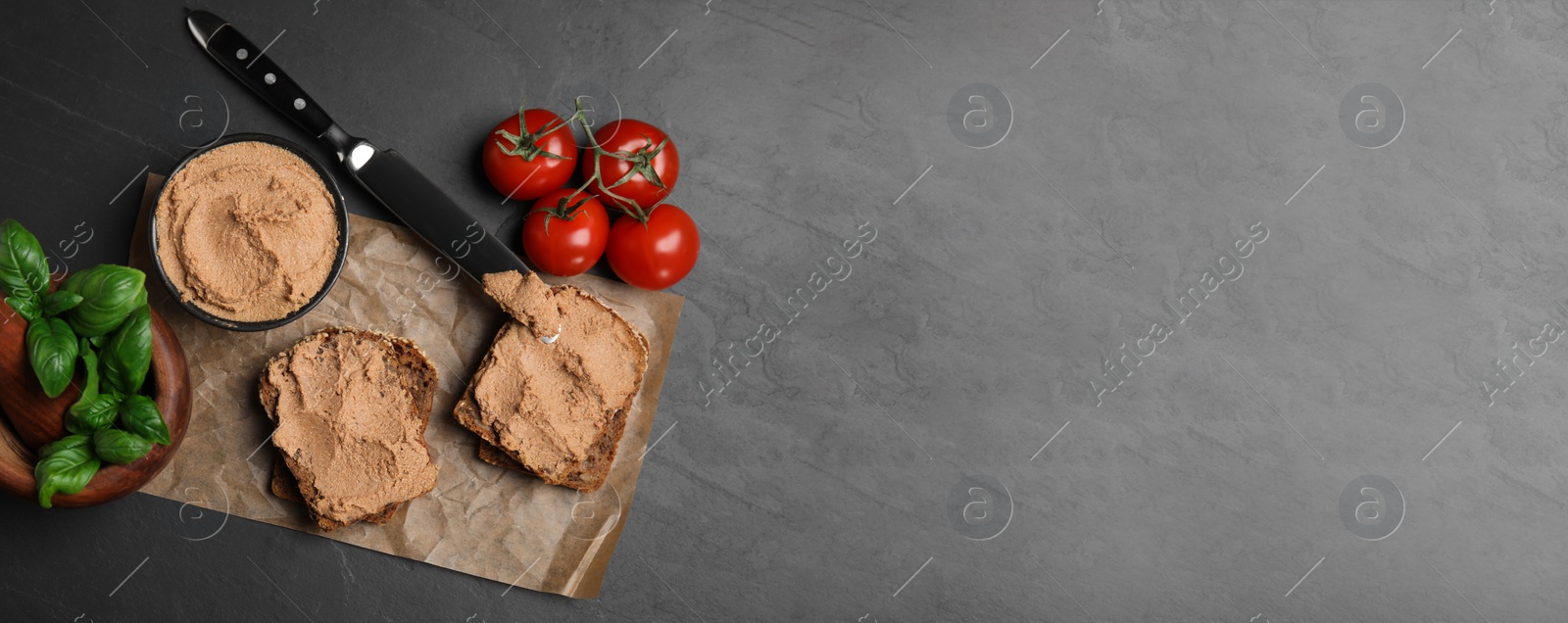 Image of Delicious pate and slices of bread served on table, flat lay. Banner design with space for text