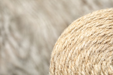 Photo of Spool with hemp rope on blurred background, closeup. Space for text