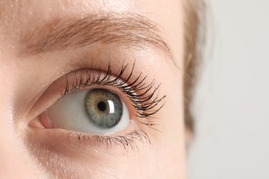 Photo of Macro photo of woman with beautiful eyes on light background