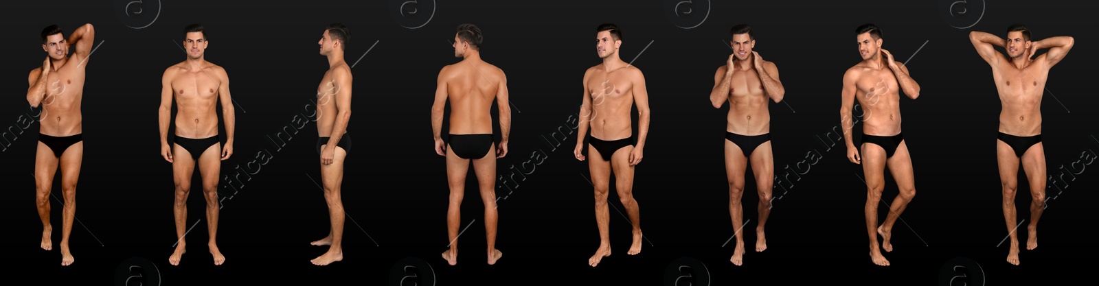 Image of Collage of man in underwear on black background. Banner design 