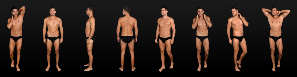 Image of Collage of man in underwear on black background. Banner design 