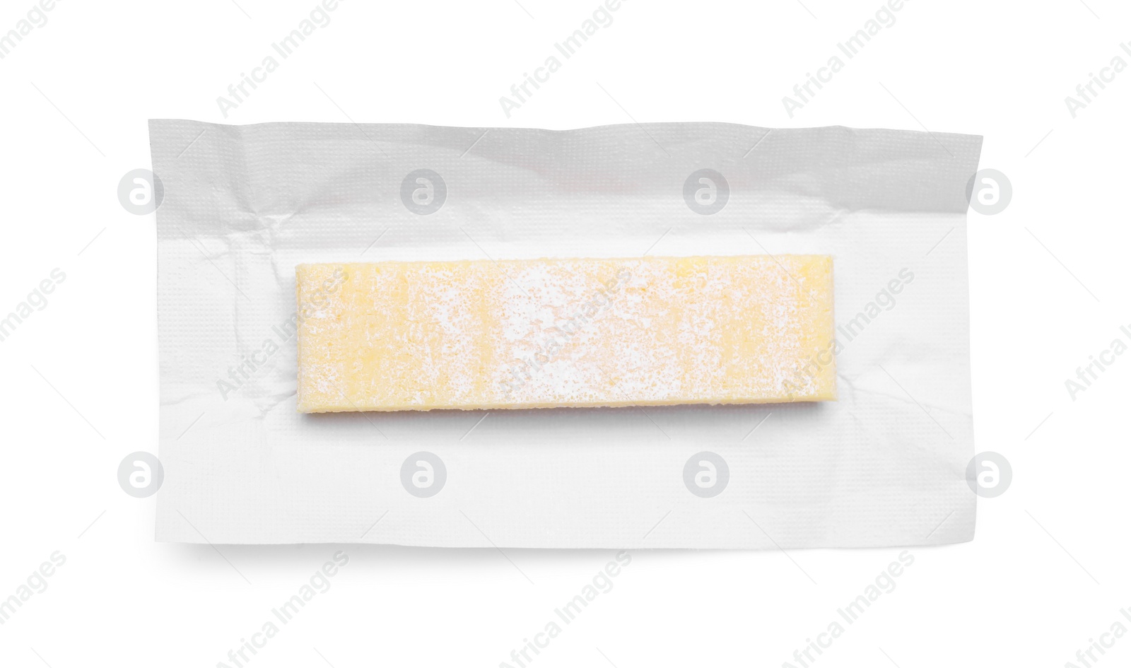 Photo of Unwrapped stick of chewing gum isolated on white, top view