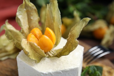 Photo of Delicious dessert decorated with physalis fruit on table, closeup