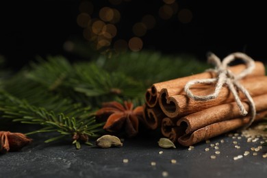 Photo of Different spices and fir branches on gray table, closeup