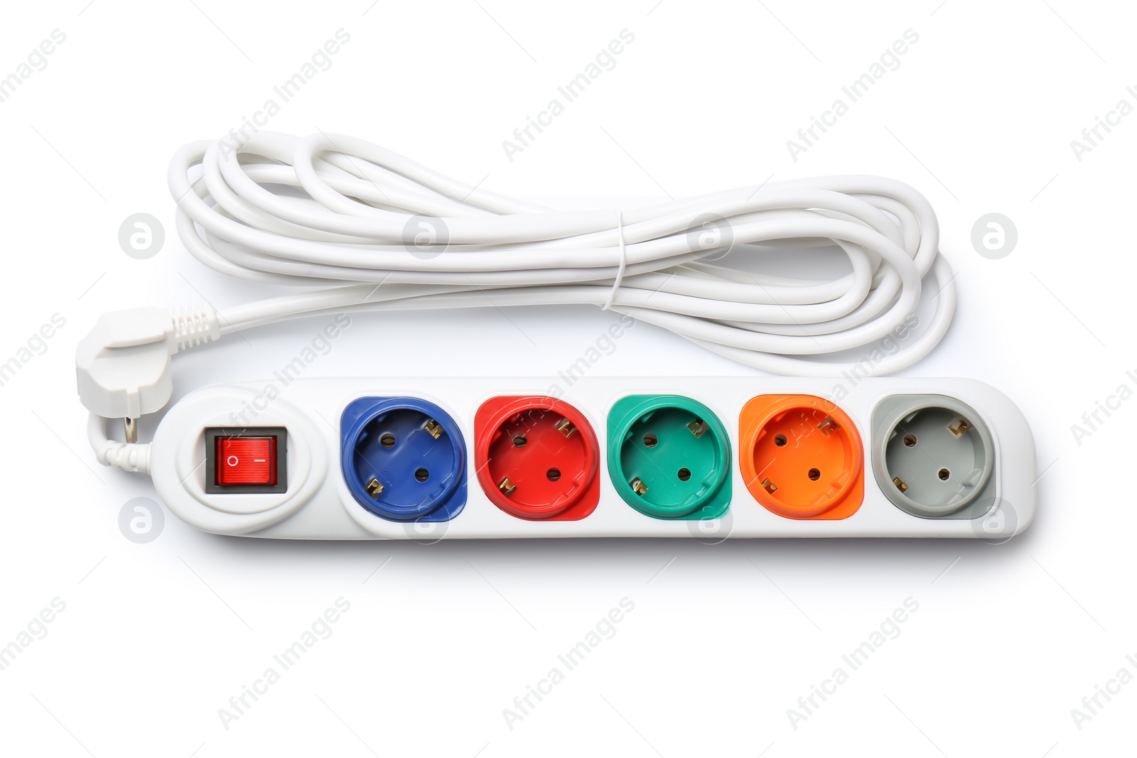 Photo of Extension cord on white background, top view. Electrician's professional equipment