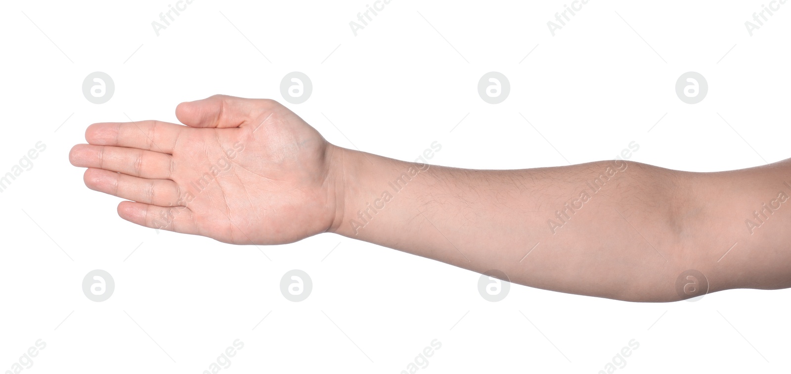 Photo of Man showing palm on white background, closeup