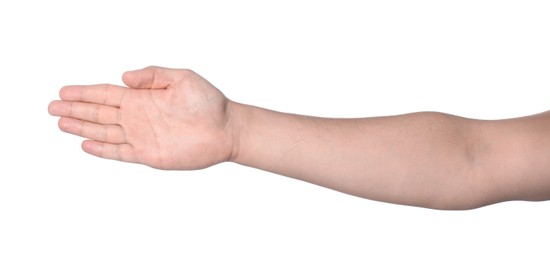 Man showing palm on white background, closeup