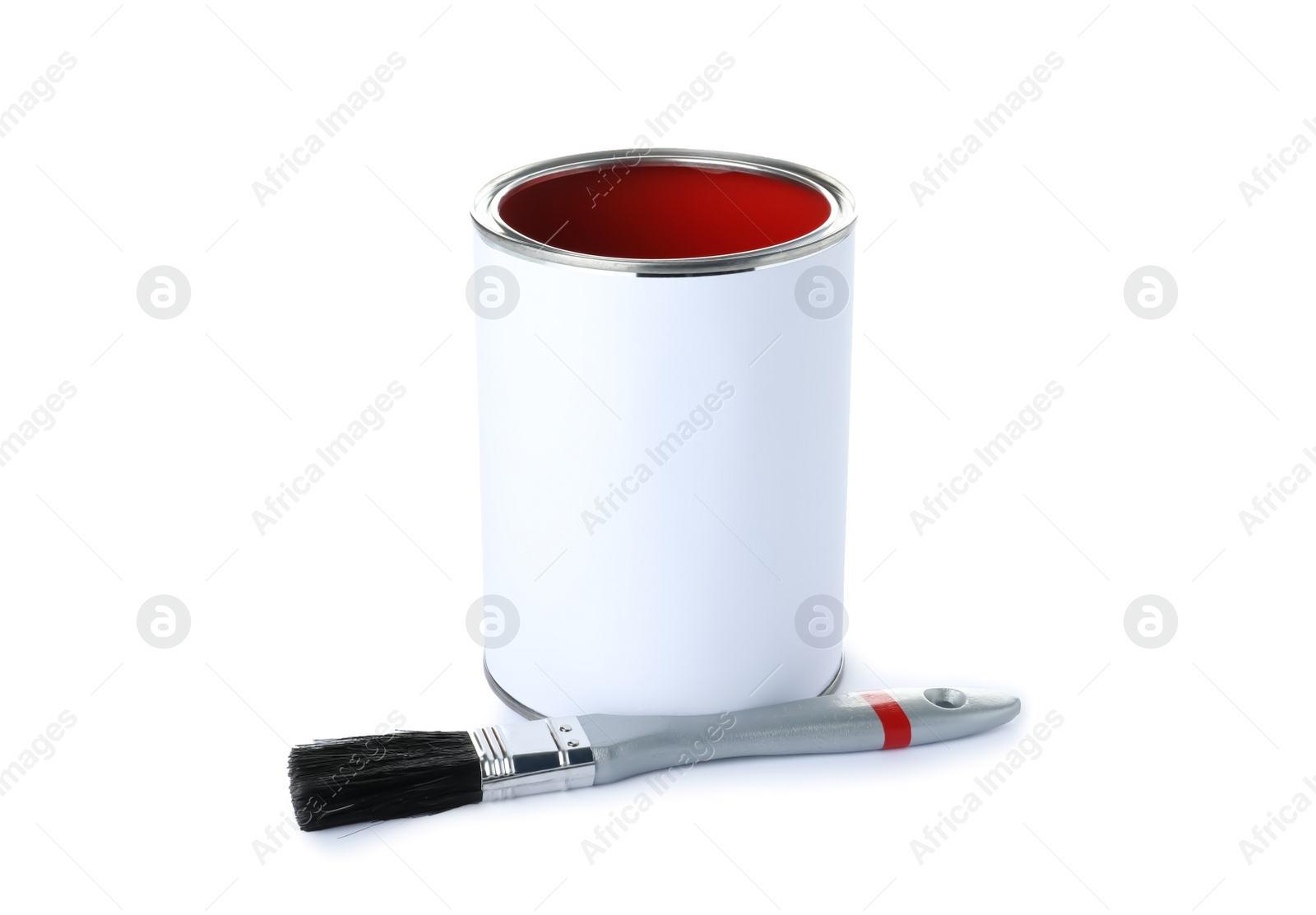 Photo of Paint can and brush on white background