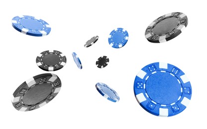Image of Different casino chips falling on white background
