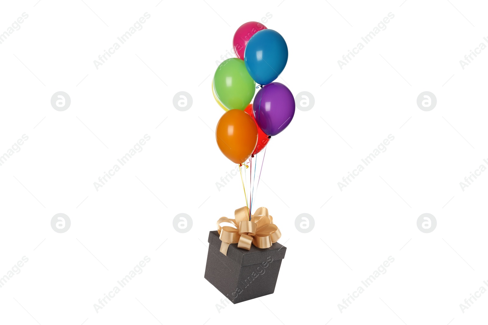 Image of Many balloons tied to gift box on white background