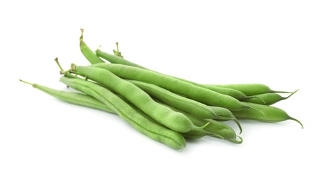 Photo of Delicious fresh green beans on white background