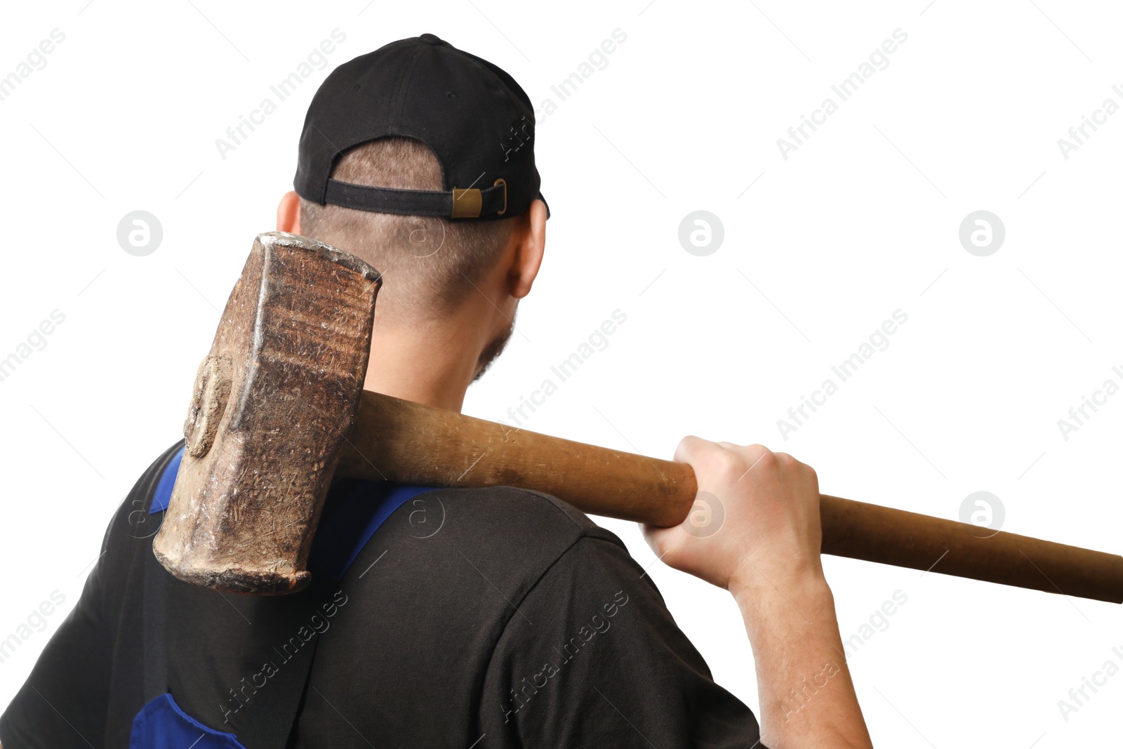 Photo of Man with sledgehammer on white background, selective focus